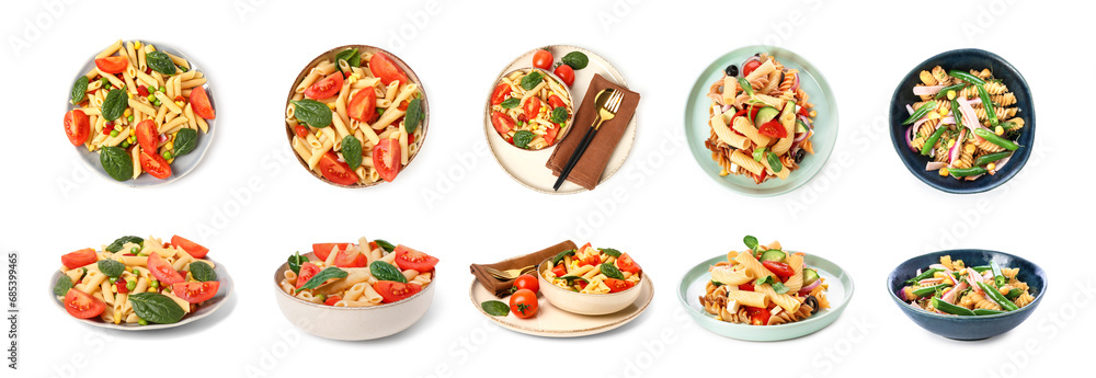 Set of tasty pasta salads on white background Set of tasty pasta salads on white background