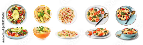 Collection of tasty pasta salads on white background © Pixel-Shot