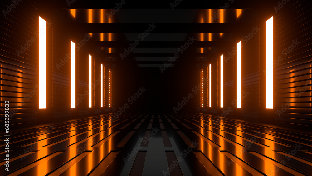 Sci Fi neon glowing lines in a dark tunnel. Reflections on the floor and ceiling. 3d rendering image. Abstract glowing lines. Technology futuristic background.