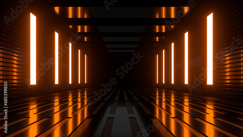 Obraz na płótnie Sci Fi neon glowing lines in a dark tunnel. Reflections on the floor and ceiling. 3d rendering image. Abstract glowing lines. Technology futuristic background. w salonie
