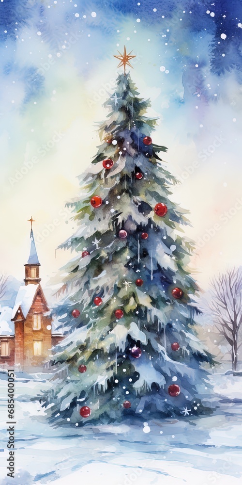 Watercolor Christmas tree placed in the center of lively suburban neighborhood. Watercolor Christmas tree placed in the center of lively suburban neighborhood.
