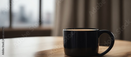 Black mug on a wooden table on a hotel room background, wide angle view from Generative AI