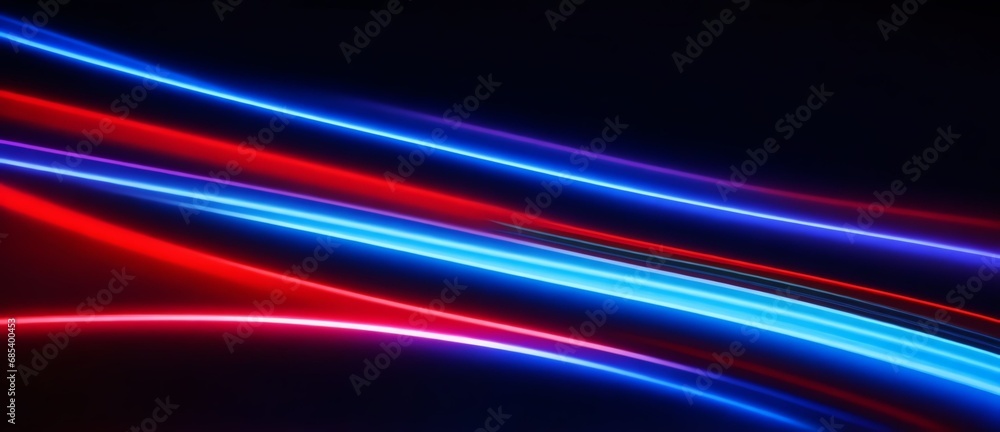 Red and blue curved neon lights depicting motion and speed of light in plain black background from Generative AI Red and blue curved neon lights depicting motion and speed of light in plain black background from Generative AI