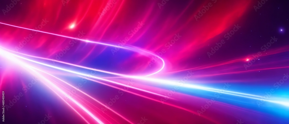 Red and blue curved neon lights on outer space cosmos background depicting motion and speed of light from Generative AI
