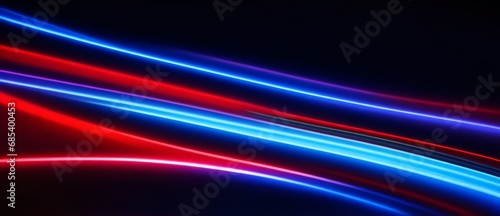 Red and blue curved neon lights depicting motion and speed of light in plain black background from Generative AI