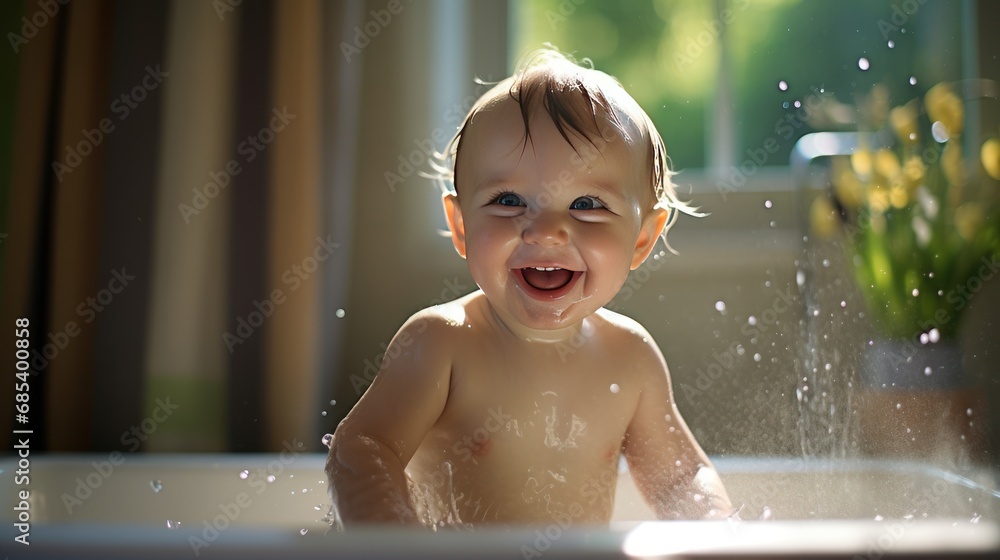 A baby happy bath time, against bathroom background, A baby happy bath time, against bathroom background,