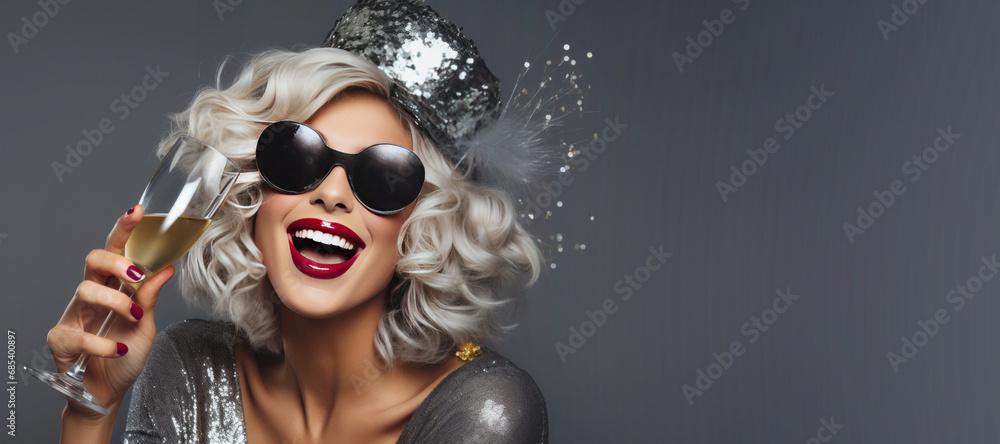 Happy Young Woman with Celebrating New Years Eve with Champagne on a with Space for Copy - obrazy, fototapety, plakaty 