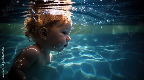 a small child learns to swim in the pool, baby swimming,