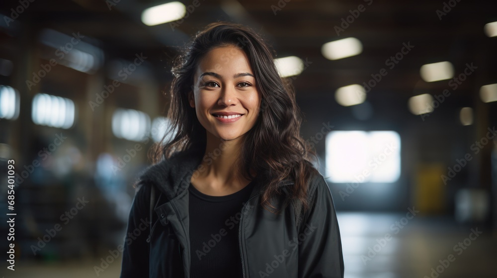 Asian woman in warehouse smiling looking at camera, Asian woman in warehouse smiling looking at camera,
