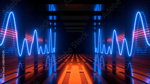 Sci Fi neon glowing lines in a dark tunnel. Reflections on the floor and ceiling. 3d rendering image. Abstract glowing lines. Technology futuristic background. © Andrey Shtepa