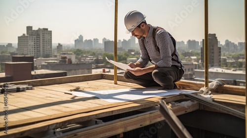 architect is checking a civil architect intelligent construction blueprint project plan