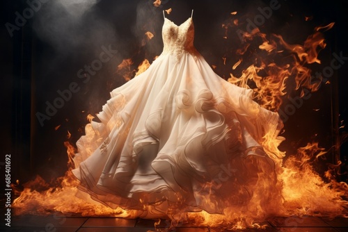 Burning wedding dress in the flames of the fire. Background with selective focus and copy space photo