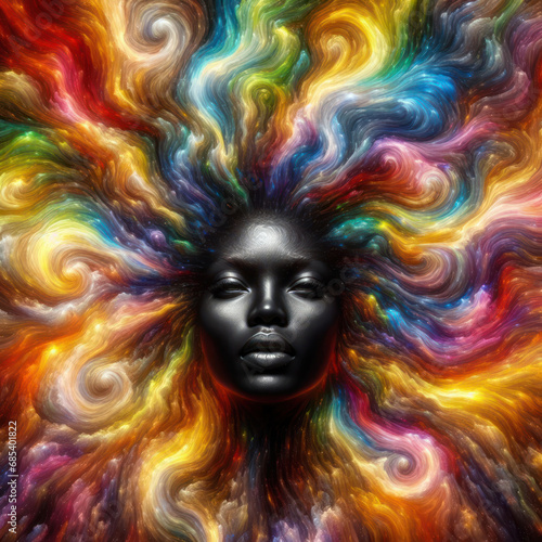 beautiful black woman goddess surrounded by waves of rainbow coloured smoke and light