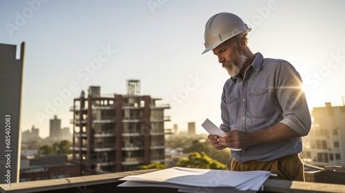 architect is checking a civil architect intelligent construction blueprint project plan