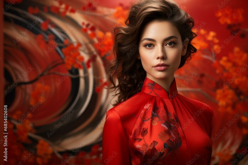Woman in red Chinese clothes on a blurred background of an authentic Asian interior. Portrait with selective focus Woman in red Chinese clothes on a blurred background of an authentic Asian interior. Portrait with selective focus