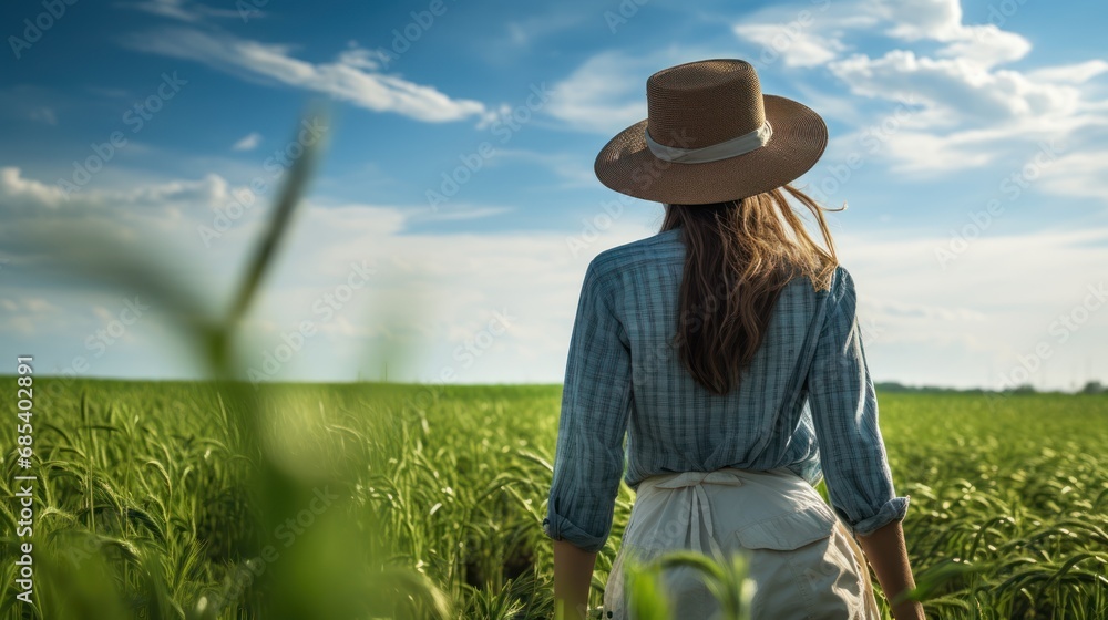The back of a happy woman farmer in the field,Farmer woman in a field with a bright sky, 