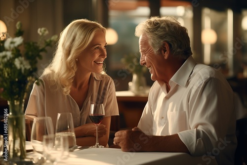 Romantic Elderly Couple Savoring Intimate Moments During Dinner at Cozy Restaurant.