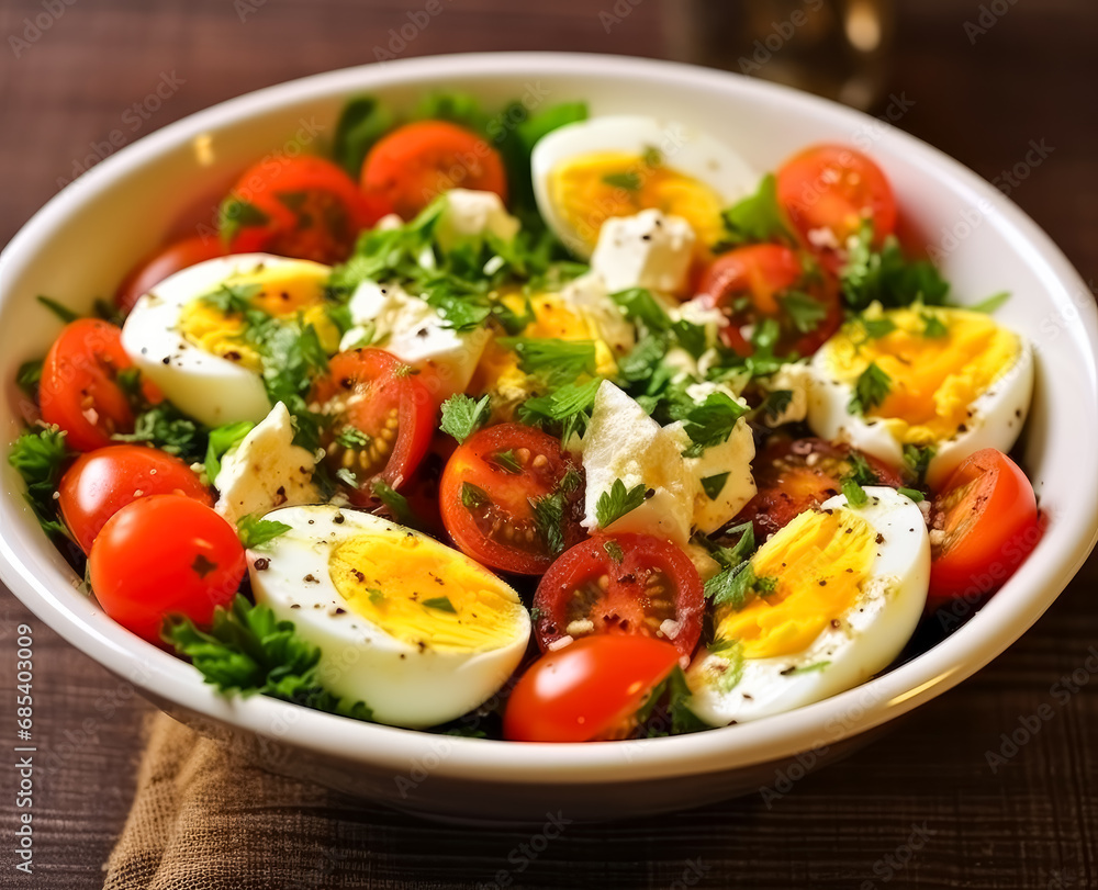 Plate an egg salad with tomatoes and vegetables on a wooden table. Plate an egg salad with tomatoes and vegetables on a wooden table.