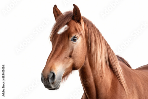 Head of a horse looking straight ahead isolated on white background.generative ai