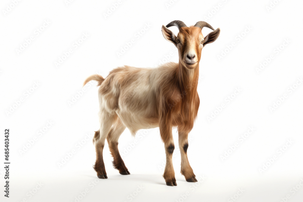 Goat with horns looking straight to the camera isolated on white background.generative ai Goat with horns looking straight to the camera isolated on white background.generative ai