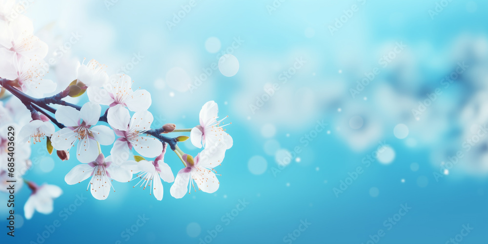 Japanese Sakura Blooms Against a Clear Blue Sky, Cherry Blossoms in Serene natural background.