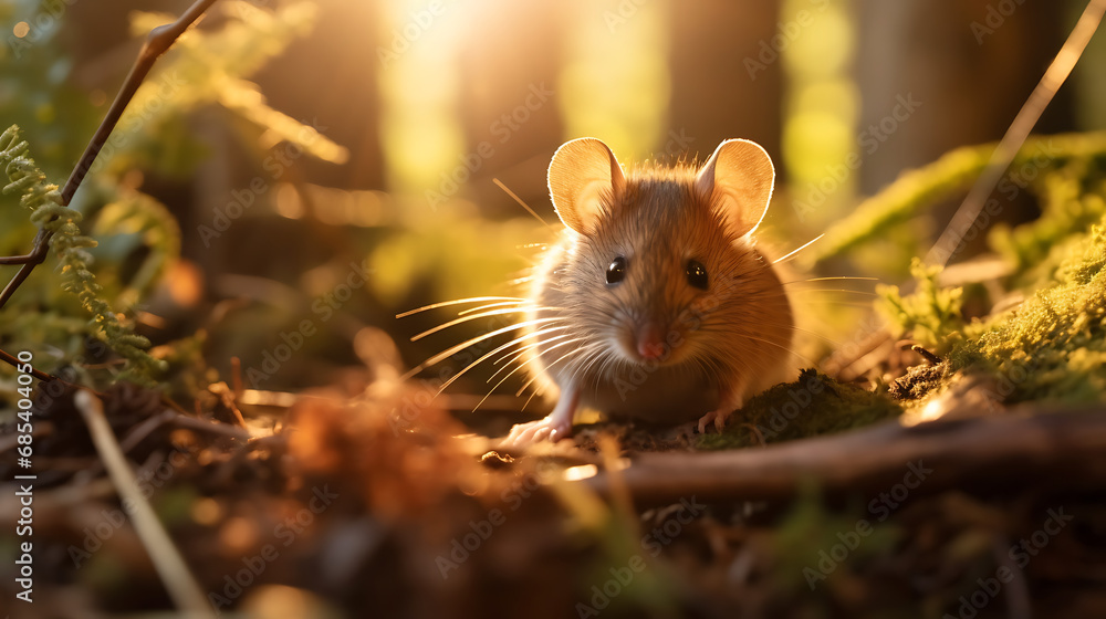 a little mouse in the forest during the sunset a little mouse in the forest during the sunset