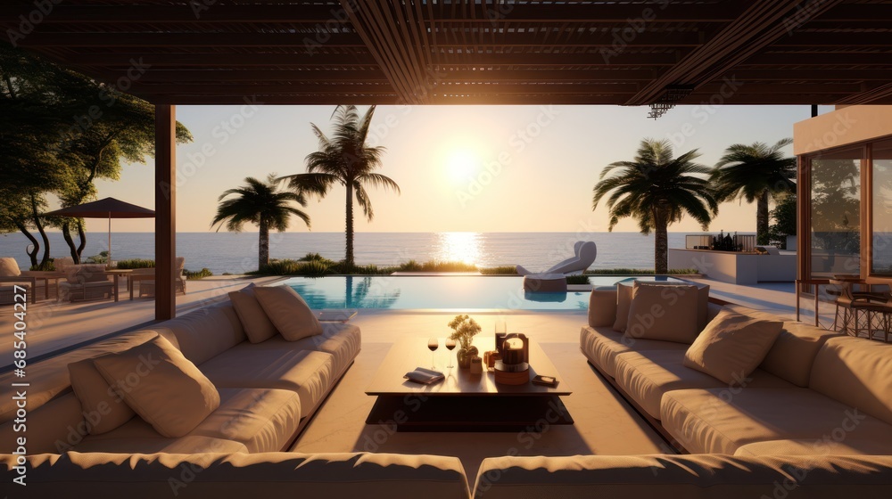 Fototapeta premium Interior modern open plan lounge patio close to the pool and ocean