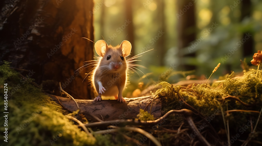 a little mouse in the forest during the sunset