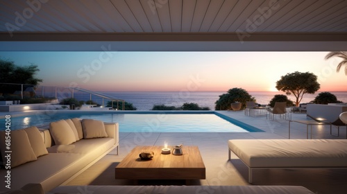 Interior modern open plan lounge patio close to the pool and ocean  © CStock
