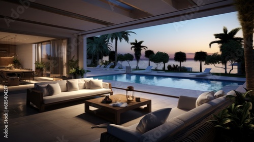 Interior modern open plan lounge patio close to the pool ,Modern balcony next to the beautiful sea,ocean