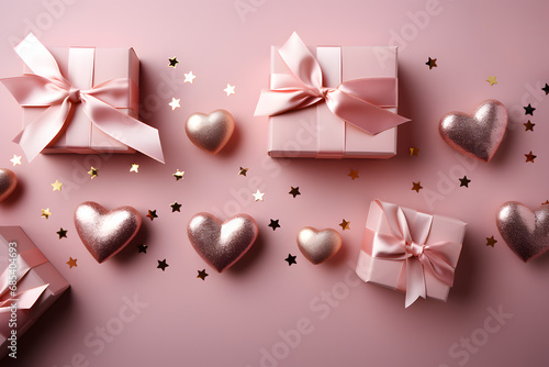 Pink gifts with bows and ribbon, heart and star shapes, view from above with copy space. Mother's Day and Valentine's concept. Romantic background. 