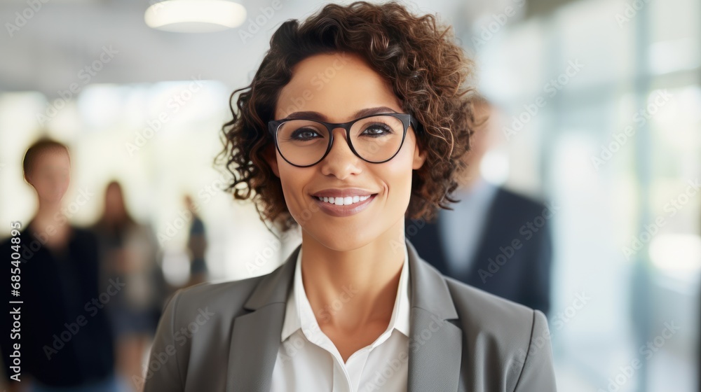 Portrait of confident businessman, dark skin, short hair, glasses at creative office with colleagues discussing Portrait of confident businessman, dark skin, short hair, glasses at creative office with colleagues discussing
