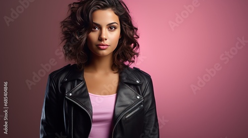 portrait of a young woman in leather jacket on a light pink background 