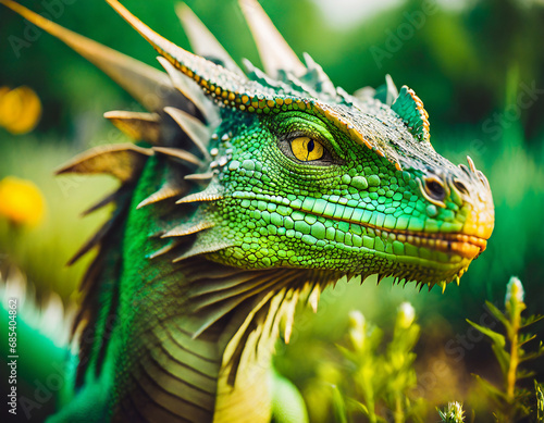 Green dragon  close up  bold and vibrant colors. Fantasy style illustration
