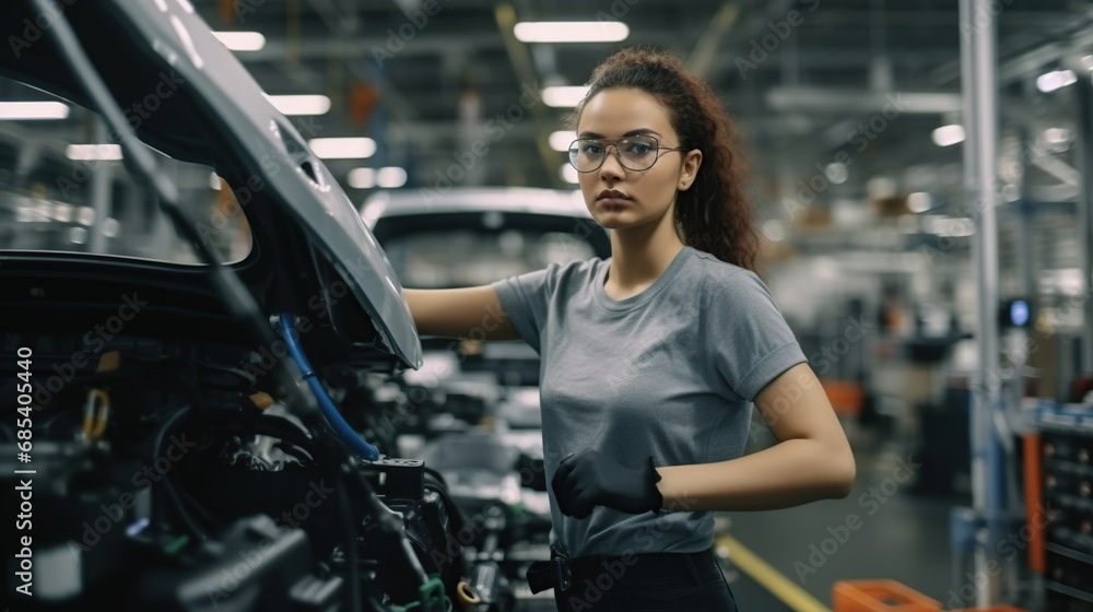 Female worker operates high-tech machinery in an automotive manufacturing environment