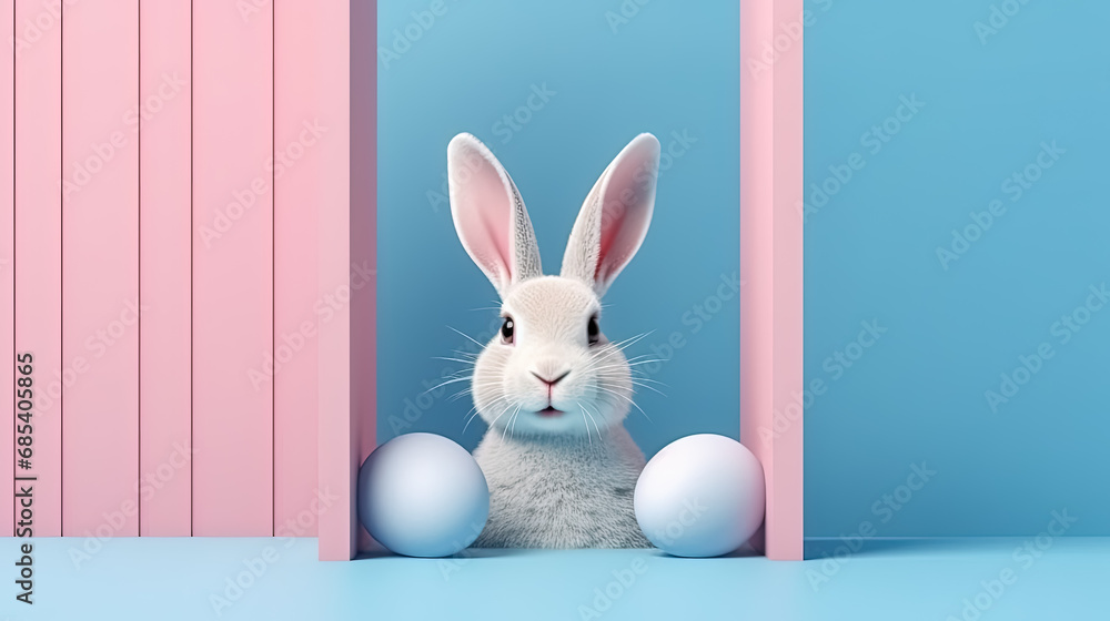 Fototapeta premium A playful Easter bunny colored paper background