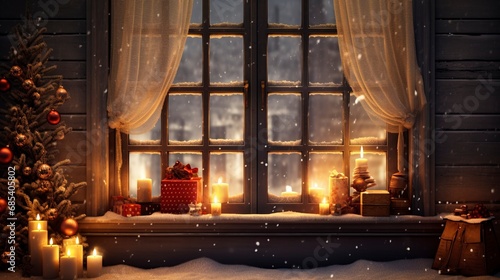 Christmas window sill and fireplace, copy space, generative ai photo