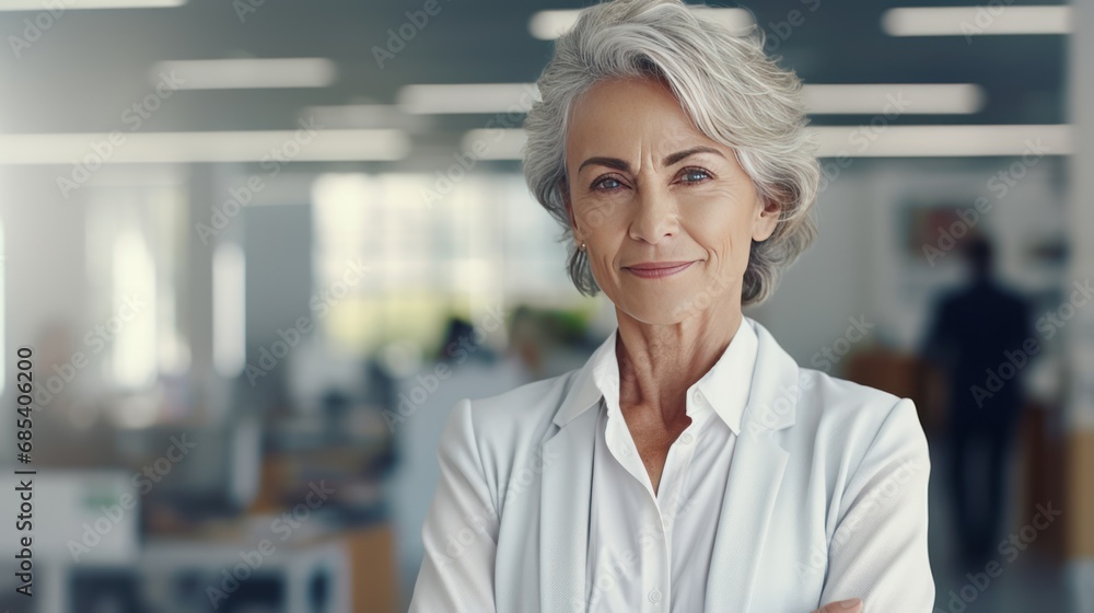 Senior businesswoman standing with arms crossed on rooftop ,Confident woman, business concept Senior businesswoman standing with arms crossed on rooftop ,Confident woman, business concept