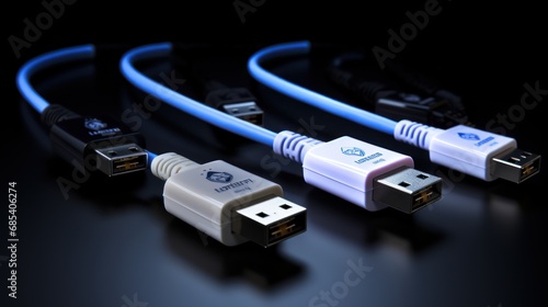Set of white, black and blue USB cabel mock ups.Computer equipment, connection technology photo