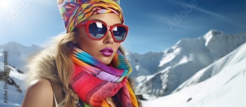 Winter fashion model posed in the mountains wearing a colorful bikini and winter accessories. photo