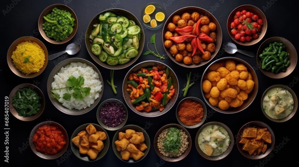 Indian Food Selection,Bowls of indian food on dark table. Indian Food Selection,Bowls of indian food on dark table.