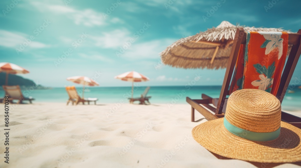 Tropical beach with sunbathing accessories, summer holiday background