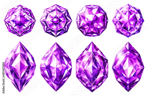 A collection of beautiful violet and purple gemstones, isolated on a transparent background. Top-view set of colorfoul violet and purple gems and stones.