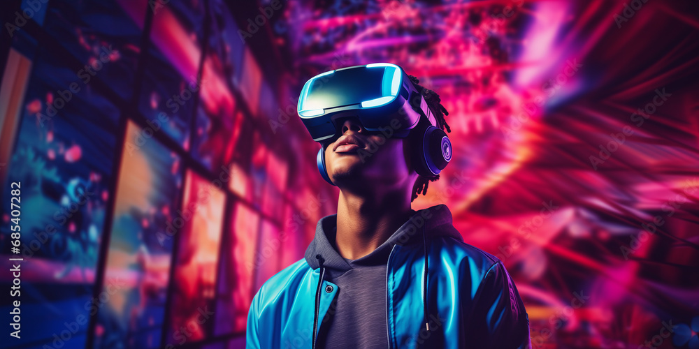 Futuristic Virtual Reality: Young Black Man in AI-Powered Immersive Experience Futuristic Virtual Reality: Young Black Man in AI-Powered Immersive Experience