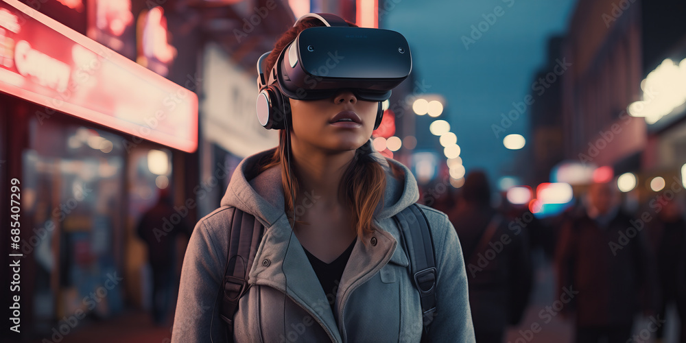 Urban Futurism: Young Woman in VR Amidst Cityscape with AI Integration Urban Futurism: Young Woman in VR Amidst Cityscape with AI Integration