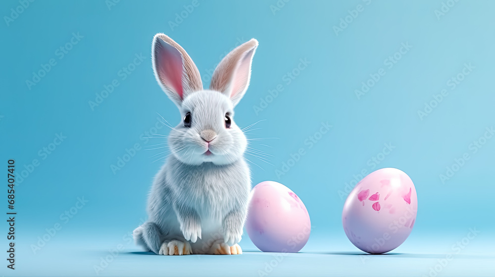 The Easter bunny is happy, sitting on colored paper