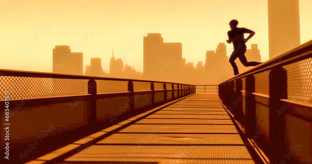Fototapeta premium An athlete runs through the streets as wildfire smoke bathed New York City in fumes