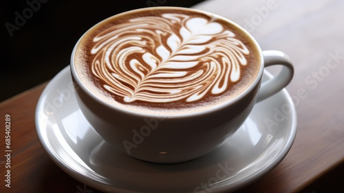 Coffee latte with flower latte ornament art on white ceramic cup