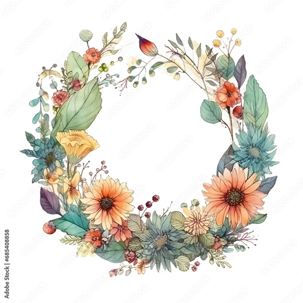 Fototapeta premium Watercolor cute clipart floral wreath with flowers and leave on transparent background. sublimation, tshirt, mug, pillow, tumbler, print