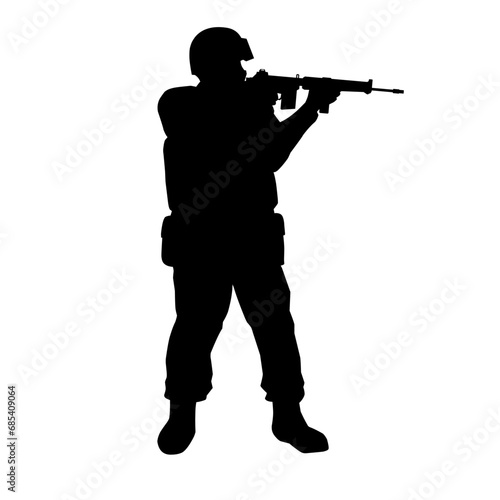 Soldier with rifle silhouette vector illustration. Military soldier graphic resources for icon, symbol, or sign. Soldier silhouette for military, army, security, war or defense